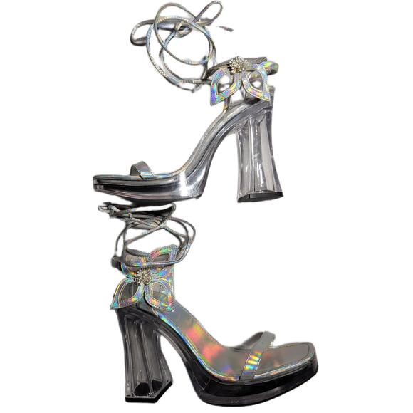 Vtg Y2K Soda Silver Holographic Flower Applique Chunky Clear Heel Sandals Sz 8.5 - Picture 1 of 8